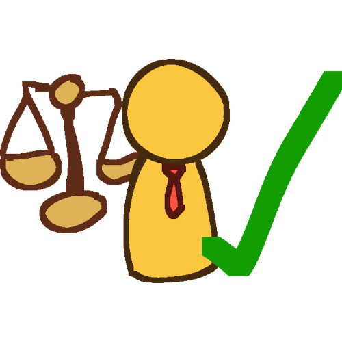 a scale type thing next to a person with a tie and a check above